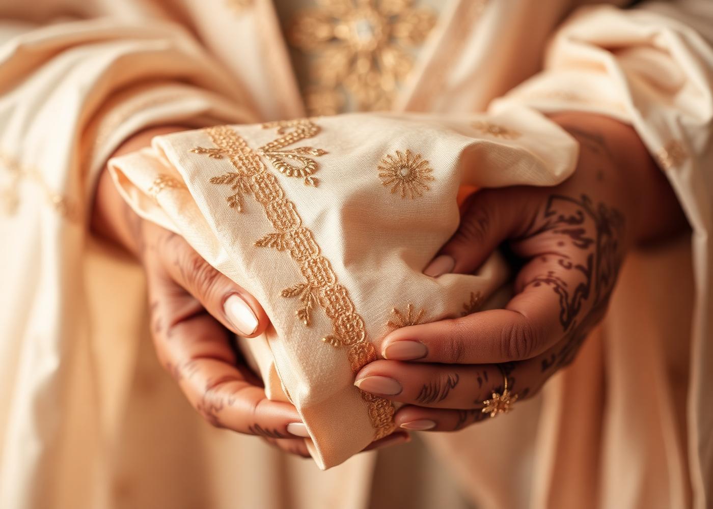 Detail of gold zari embroidery on ivory fabric